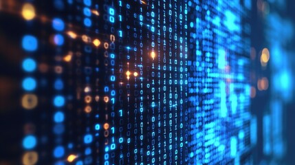 Abstract digital background with glowing binary code.