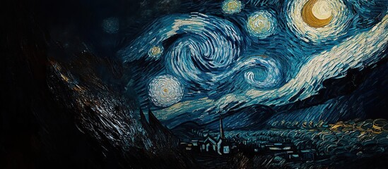 A swirling night sky over a quiet village landscape.