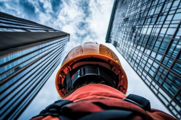 Canvas Print - A construction worker looking up at tall buildings