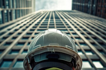 Canvas Print - Construction worker looking up at a skyscraper