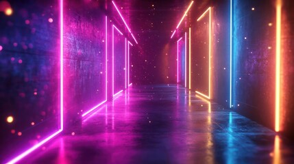 Wall Mural - A vibrant, rainbow corridor leads to a neon-lit room.