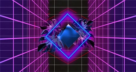 Poster - Geometric shapes and neon grid animation creating futuristic digital art