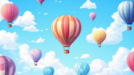  Colorful Hot Air Balloons Flying in Blue Sky with White Clouds