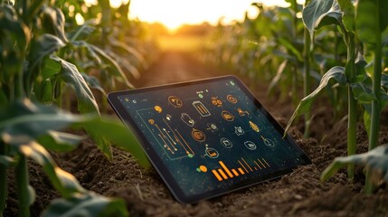 Wall Mural - A tablet computer lies on the ground in a cornfield, displaying an app with various agriculture-related icons. The setting sun casts a warm glow over the scene.