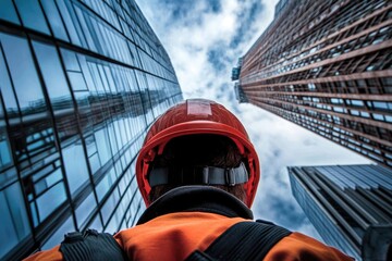 Poster - Construction Worker Looking Up at Tall Modern Buildings