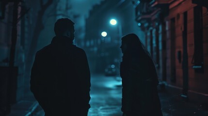 back view of man following woman in dark street at night. concept for crime, stalking