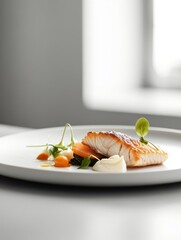 A beautifully plated salmon dish garnished with vegetables and sauces.