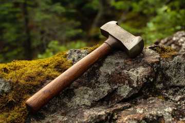 Poster - A weathered hammer resting on moss-covered rocks.