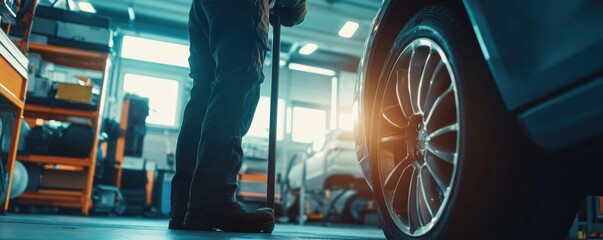 Poster - Close-up of a mechanic using a car jack to lift a vehicle in a modern auto repair shop. Focus on the tire and tool, showcasing automotive maintenance and efficiency.
