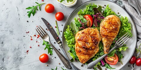 Sticker - Juicy Fried Chicken Breasts with Mixed Green Salad and Tomatoes on Plate on Grey Concrete Table with Cutlery Top View Flat Lay Copy Space