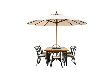 Wall Mural - A round table with chairs and an umbrella for outdoor dining, isolated on a white background.