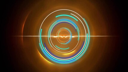 Poster - Colorful circular animation with concentric rings and glowing lines over dark background