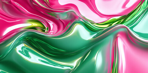 3D render, abstract fluid liquid background with green and pink colors, flowing glossy waves of metallic holographic paint, detailed texture