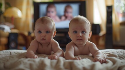 Two babies are laying on a bed in front of a television