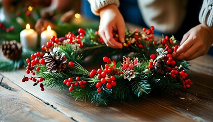 Festive Hands Crafting a Christmas Wreath with Red Berries, Fresh Flowers, and Pine Cones on a Rustic Wooden Table