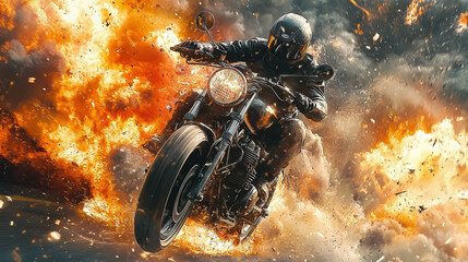 Wall Mural - Adrenaline Rush: Escape on a motorcycle amidst explosions