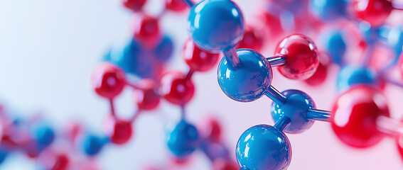 Abstract background with a close-up of a red and blue model of a molecule on a white backdrop, a banner design. Science concept for medical