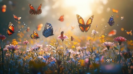 Wall Mural - A field of wildflowers with colorful butterflies flying in the air, bathed in warm sunlight.