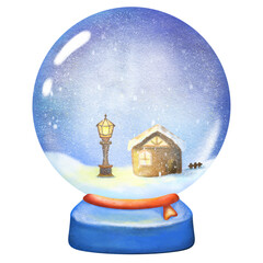 Christmas glass ball winter snowing wooden house decoration isolated crayon illustration