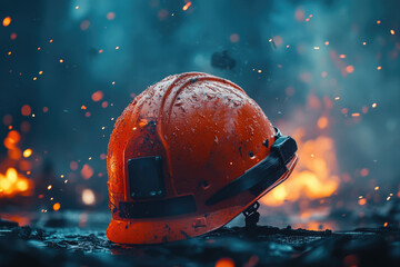 Poster - Orange Hard Hat on a Dark Background with Fire Sparks