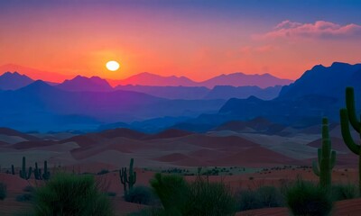 Wall Mural - desert sunset with silhouettes of cacti, hyperrealistic video