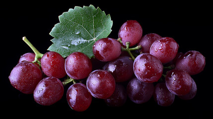 Fresh and juicy ripe red grapes with glistening droplets and green leaf on black background create vibrant and appealing visual