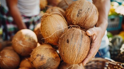 Wall Mural - A person is holding a bunch of coconuts