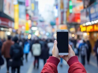 Wall Mural - bustling urban shopping district with person using smartphone blurred crowd