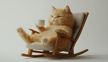 Wall Mural - 3d, cute chubby furry cat, satisfied expression, one eye open, other closed, lying in rocking chair, drinking hot tea