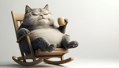 Wall Mural - 3d, cute chubby furry cat, satisfied expression, one eye open, other closed, lying in rocking chair, drinking hot tea