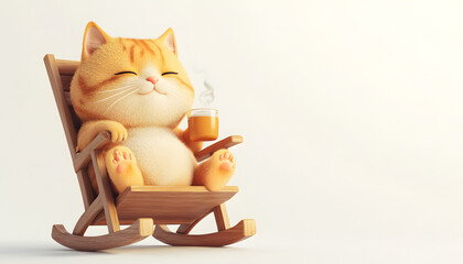 Wall Mural - 3d, cute chubby furry cat, satisfied expression, one eye open, other closed, lying in rocking chair, drinking hot tea