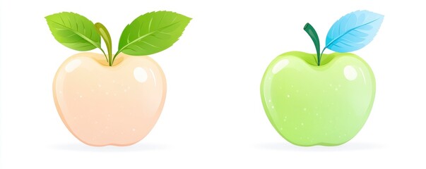 Two apples with green leaves on top