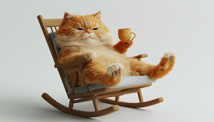 Wall Mural - 3d, cute chubby furry cat, satisfied expression, one eye open, other closed, lying in rocking chair, drinking hot tea