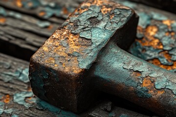 Sticker - Close-up of a Rusted and Chipped Blue Hammer