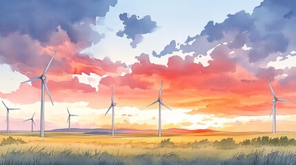 An expansive wind farm captured in watercolor, the sky glowing with red and orange hues as the sun sets dramatically behind the turbines