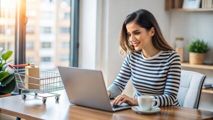 Focused young woman shopping online with a laptop and a shopping cart next to her in a stylish office
