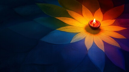 Canvas Print - Beautiful Diwali Rangoli design with a lighted lamp on a vibrant background celebrating the festival of lights