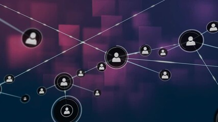 Sticker - Network of connected user icons animation over purple and blue background