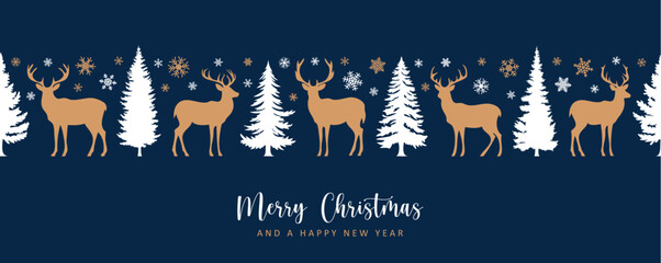 Wall Mural - christmas greeting card with seamless deer and fir tree pattern vector illustration