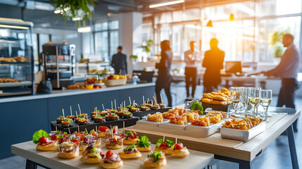 Wall Mural - Catering in the office Table with canapes and various snacks served on the background of a business meeting