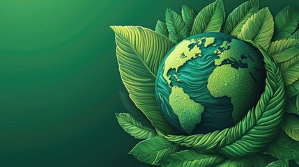 Planet earth surrounded by lush green leaves symbolizing environmental protection