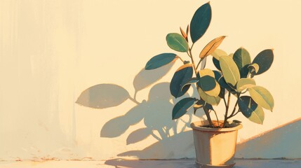 A potted plant sits on a white wall, casting a shadow on the wall