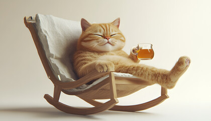 Wall Mural - 3d, cute chubby furry cat, satisfied expression, one eye open, other closed, lying in rocking chair, drinking hot tea