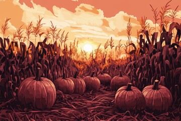 a group of pumpkins in a field, surrounded by tall, dry cornstalks and illuminated by the soft, pinkish light of sunset illustration