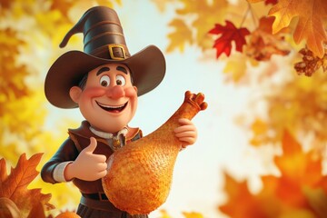 a happy cartoon pilgrim holding a large turkey leg and giving a thumbs up, with a bright yellow and orange background and a few fall leaves