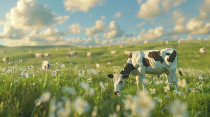  Herd of black and white cows grazing in a lush green pasture with mountain views