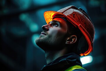 Canvas Print - A Construction Worker Looking Upward in His Hard Hat