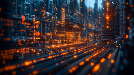 Wall Mural - a vibrant digital landscape showcasing glowing orange data streams and intricate structures, represe