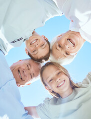 Canvas Print - Happy, huddle and grandparents with portrait of family for support, summer holiday and love. Low angle, solidarity and vacation with group of people in nature for hug, bonding and community together