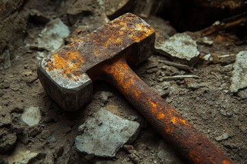 Wall Mural - Rusty Hammer on a Crumbling Surface